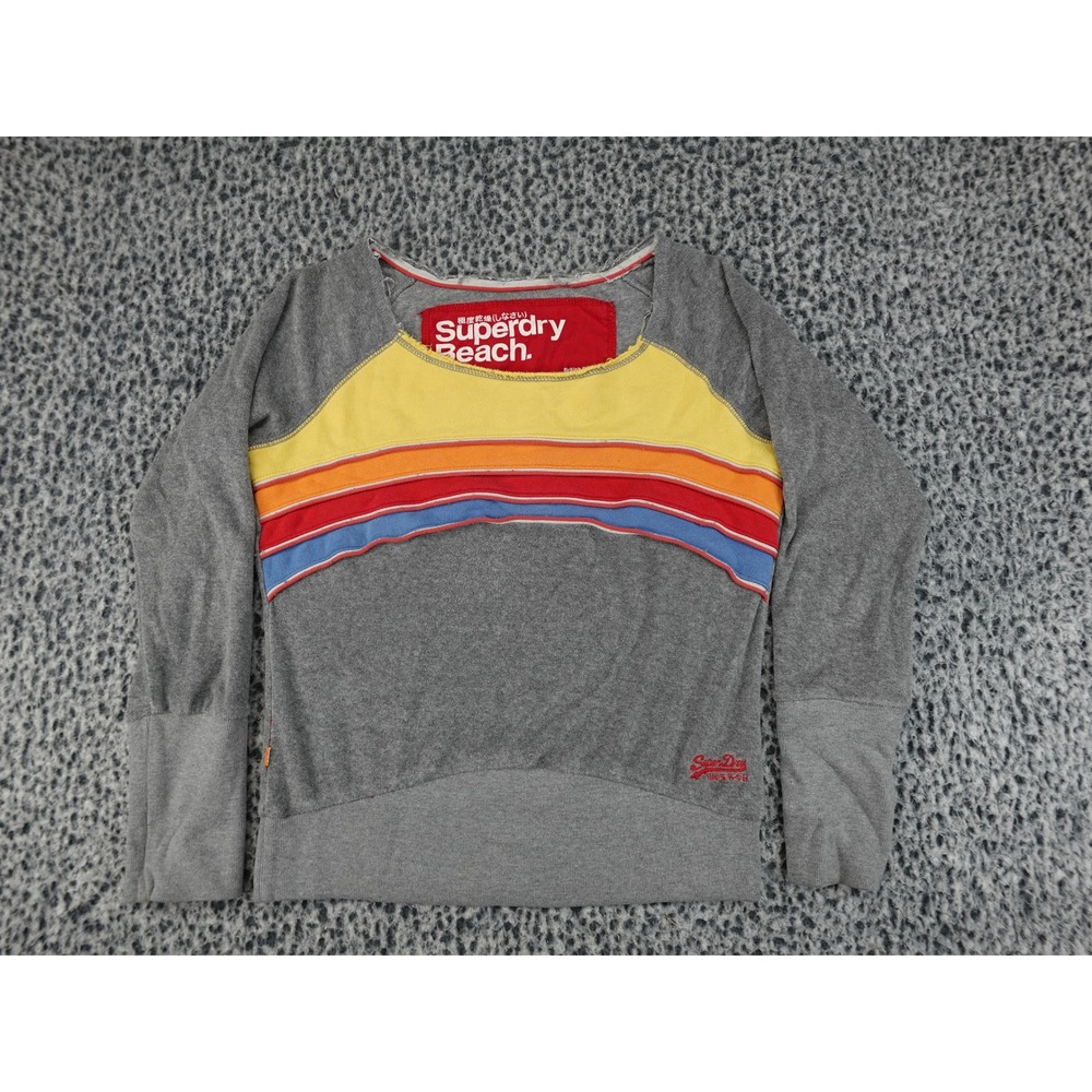 Superdry‎ Beach Top Womens Large Grey Retro Stripe Terry Long Sleeve